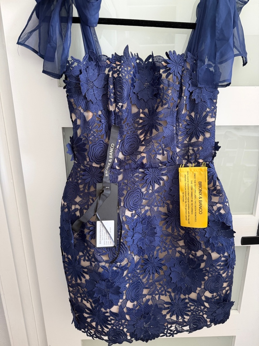 Bronx and Banco Navy Floral Lace Mini Dress with Chiffon Ties